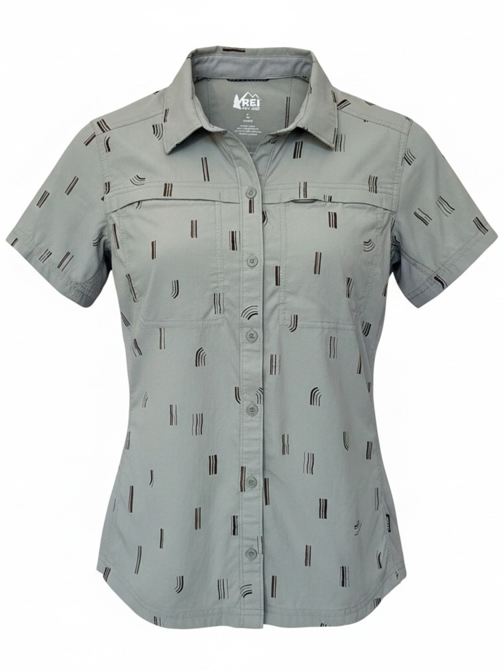 REI Co-op Women’s Small Short Sleeve Hiking Shirt Gray Geometric Print